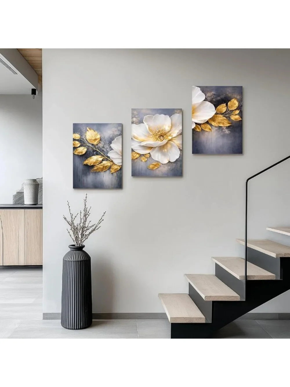 Set of 3 Gold & White Floral Canvas Prints - 16x20 Wall Art for Home Decor